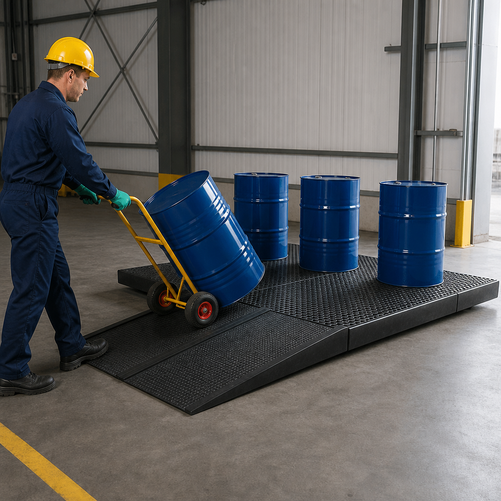 Workfloors, Ramps & Accessories — heavy duty PE access ramp with containment flooring