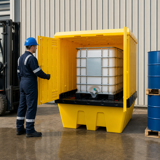 Nestable IBC Spill Pallet with Weatherproof Hardcover for Safe Storage